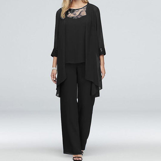 Damen nan fließendes Chiffon-Abendensemble mit Spitzenbesatz, Kimono-Cardigan und weiter Palazzohose R&B