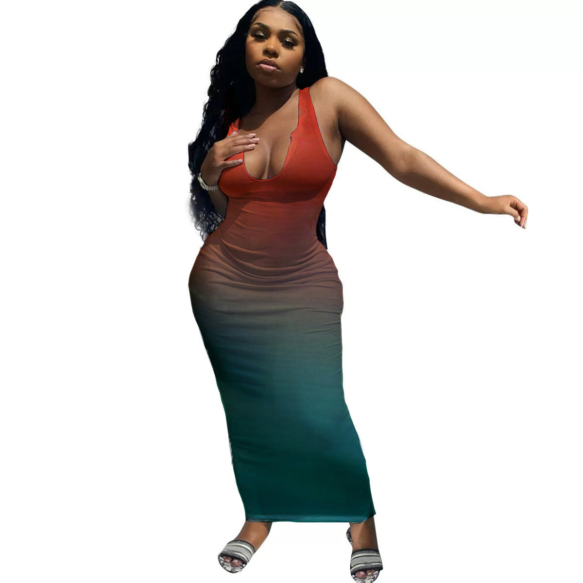 Damen Langes Bodycon Kleid mit tiefem Ausschnitt und Farbverlauf R&B
