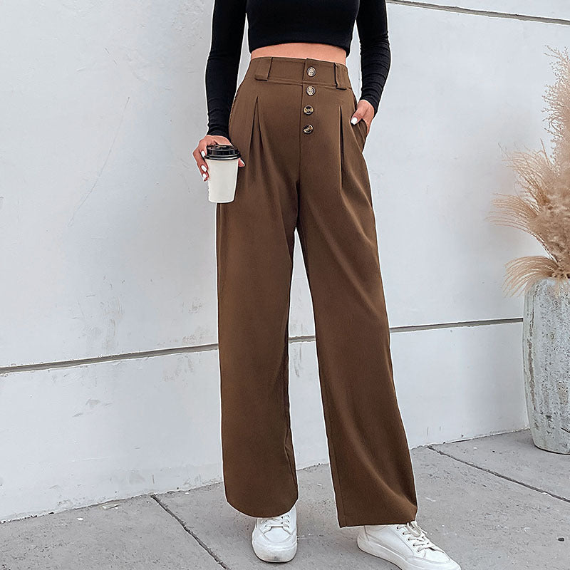 Damen weite Stoffhose mit dekorativen Knopfdetails und Faltenwurf R&B