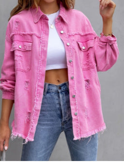 Damen Stylische Overshirt-Jacke mit fransigem Saum R&B