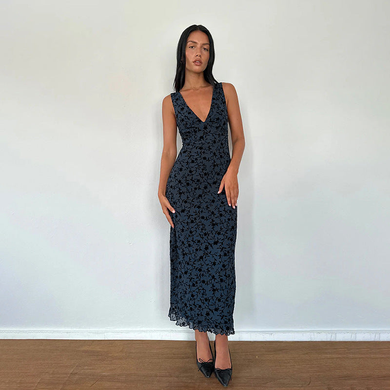 Damen Maxikleid mit tiefem V-Ausschnitt und floralem Spitzenmuster R&B