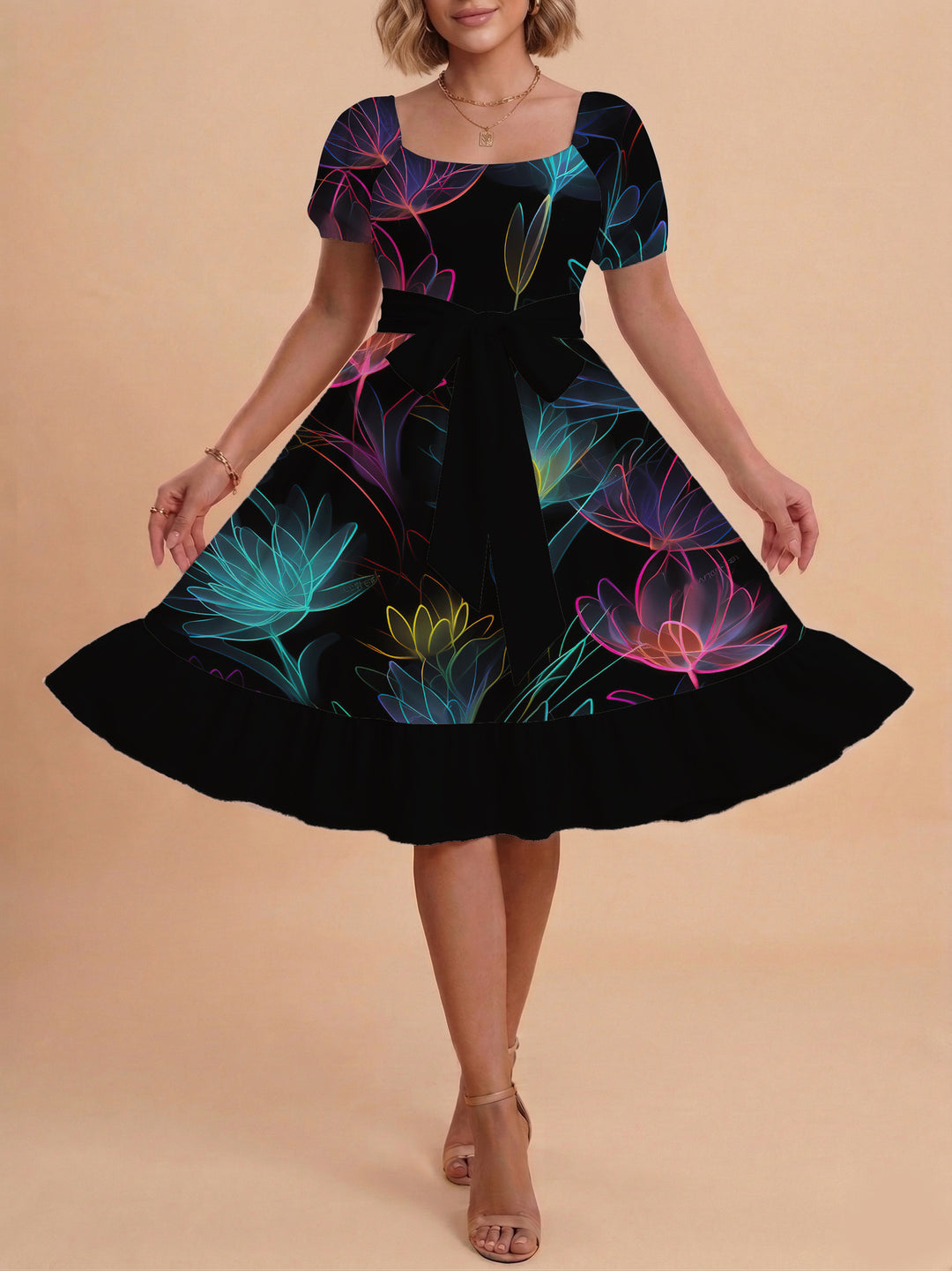 Damen Sommerkleid mit floralem Puffärmel und taillierbarem Gürtel R&B