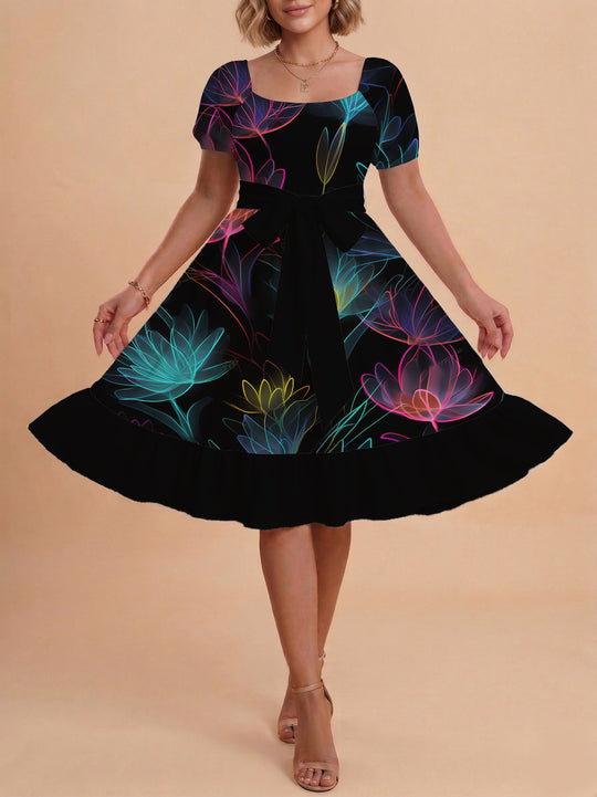 Damen Sommerkleid mit floralem Puffärmel und taillierbarem Gürtel R&B
