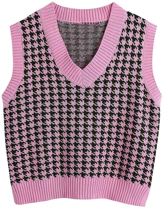 Damen ärmellose Strickweste mit modernem Hahnentrittmuster R&B