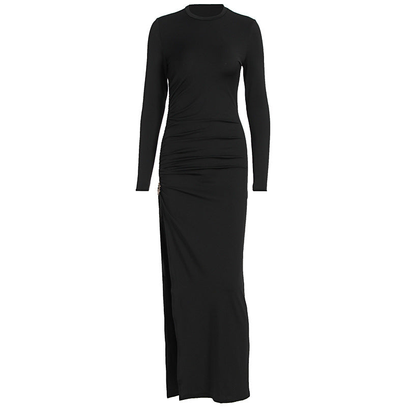 Damen elegantes, figurbetontes Kleid mit Raffungen und hohem Schlitz R&B