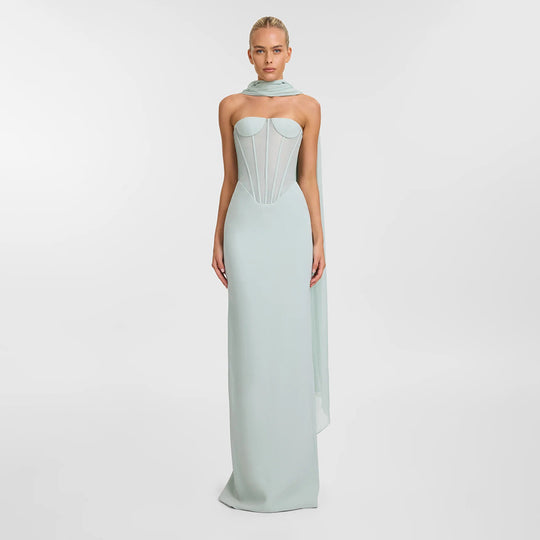 Damen Körpernahes Maxikleid mit eleganter Drapierung und innovativem Rückendesign R&B