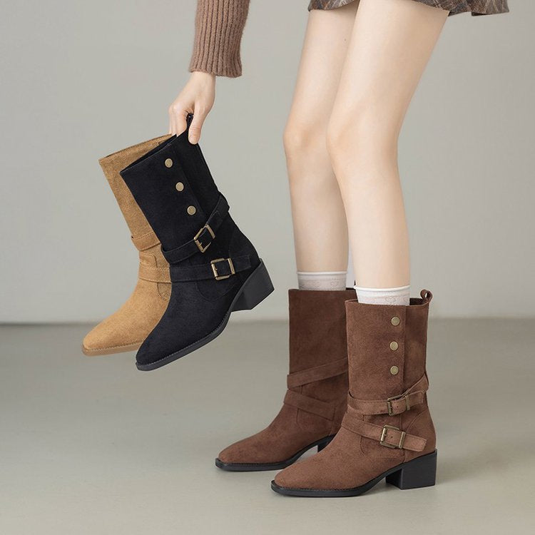 Damen Modische Stiefel mit auffälligem Schnallen-Design und bequemem Blockabsatz R&B