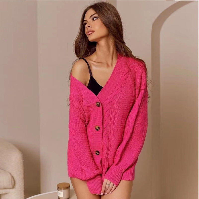 Damen Grobstrick Cardigan mit V-Ausschnitt und Knopfdetails R&B