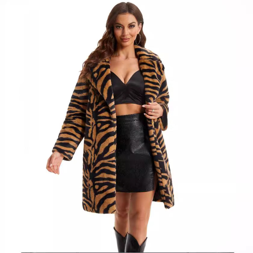 Damen Stylish und flauschiger Kunstfellmantel mit Zebra-Design R&B