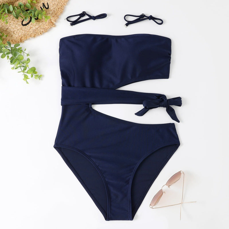 Damen Bandeau Bikini mit asymmetrischem Schnitt und modischem Animal-Print R&B