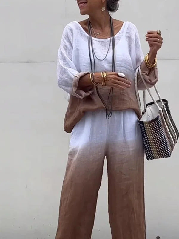 Damen lässiges Leinen-Outfit mit weiten Hosen und lockerer Bluse R&B