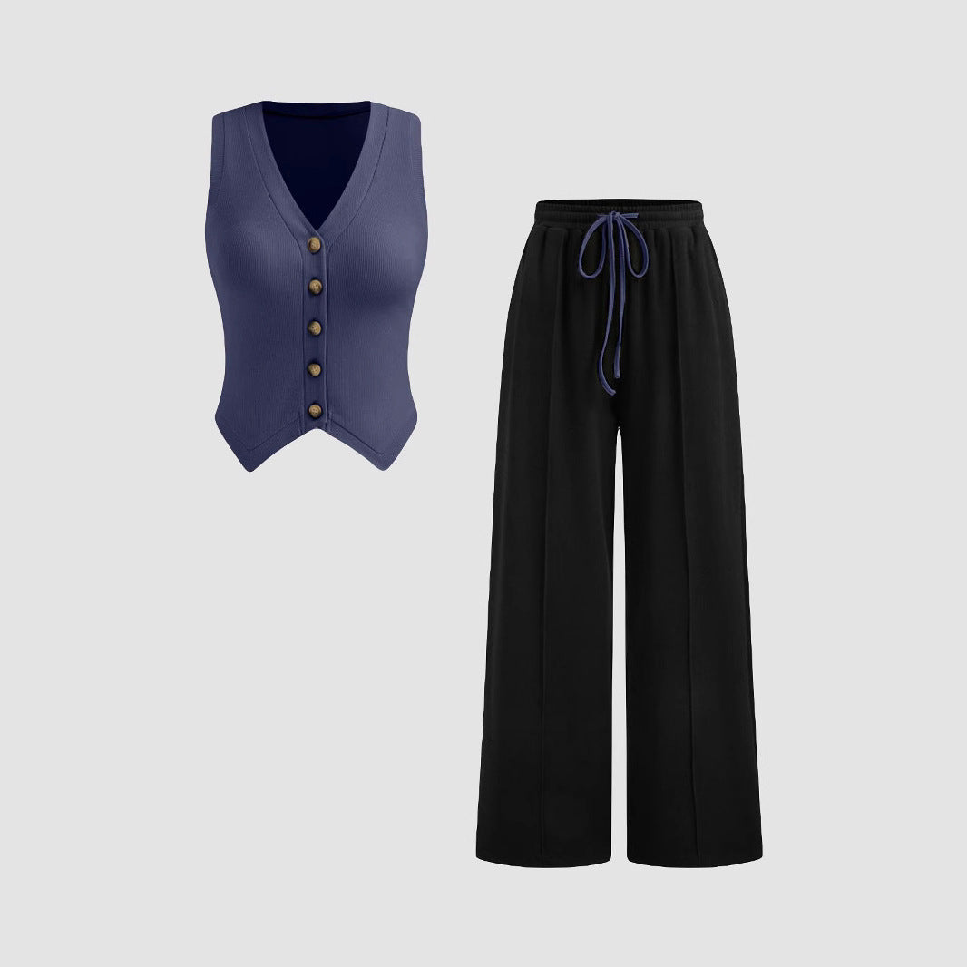 Damen lässiges Knopf-Top mit weitem Hose R&B