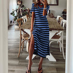 Damen Maxikleid mit tiefem Seitenschlitz und modischem Streifenmuster R&B