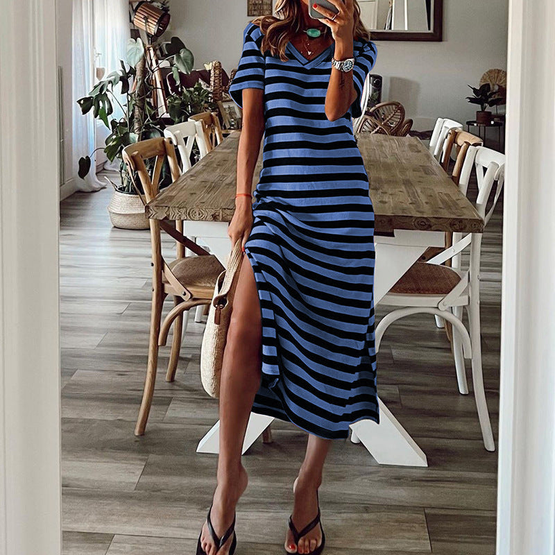 Damen Maxikleid mit tiefem Seitenschlitz und modischem Streifenmuster R&B