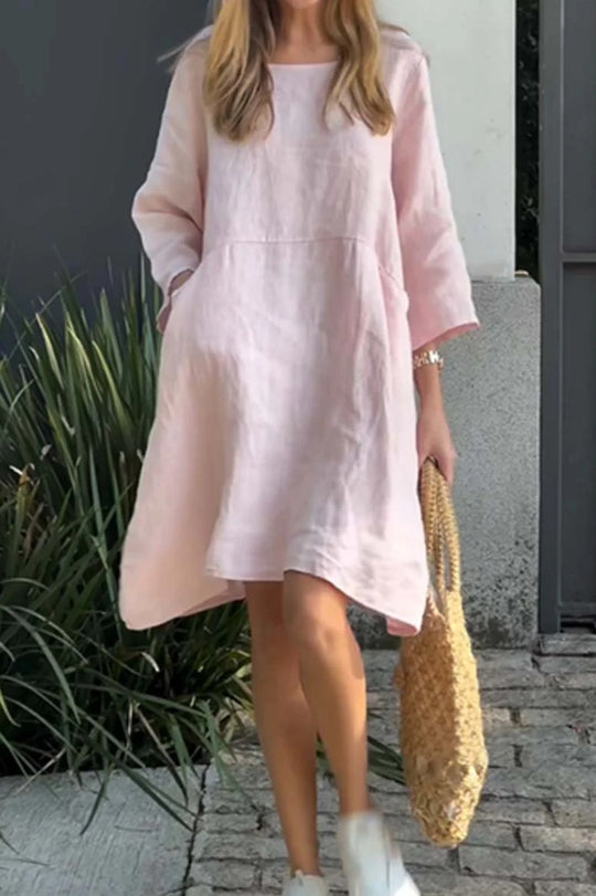 Damen lässiges Leinenkleid mit praktischen Taschen und asymmetrischem Saum R&B