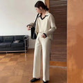 Damen elegantes und lässiges Strickensemble mit V-Ausschnitt und breitem Saum R&B