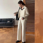 Damen elegantes und lässiges Strickensemble mit V-Ausschnitt und breitem Saum R&B