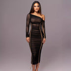 Damen figurbetontes Kleid mit asymmetrischem Ausschnitt und raffinierten Raffungselementen R&B