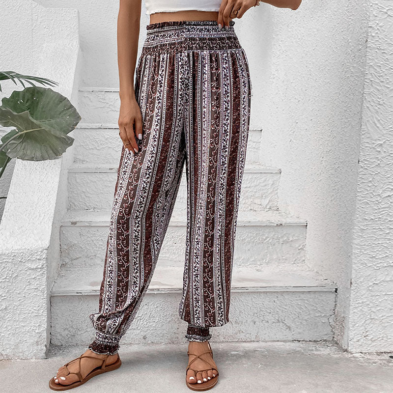 Damen Freizeithose im Bohemian-Stil mit elastischem Bund und Blumenmuster