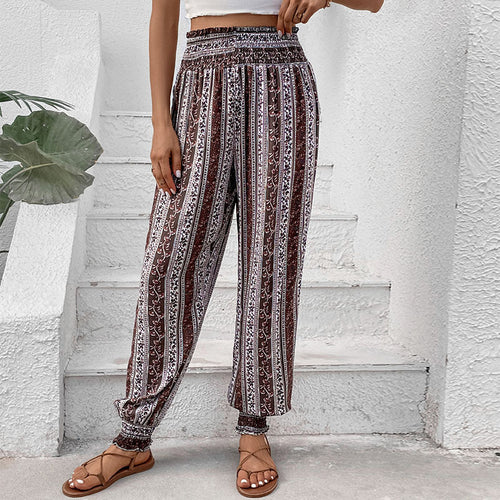 Damen Freizeithose im Bohemian-Stil mit elastischem Bund und Blumenmuster R&B