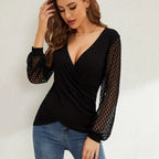 Damen nan elegante Wickelbluse mit Spitzenärmeln und tiefem V-Ausschnitt R&B