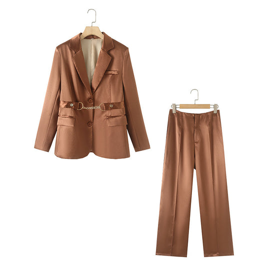 Damen elegantes Satin-Blazer-Set mit Kettenakzent R&B