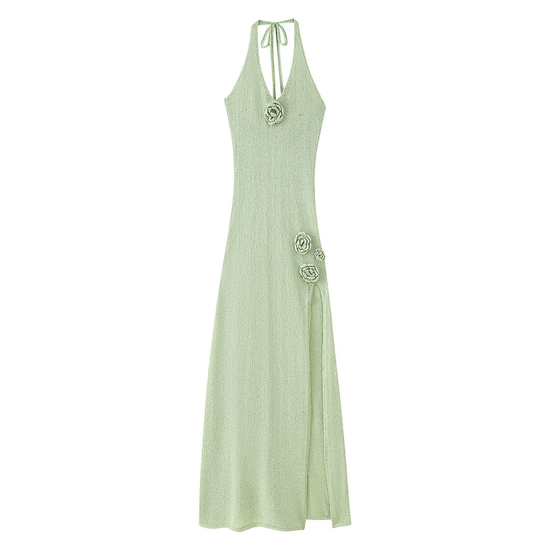 Damen Maxikleid mit Blumenapplikationen und tiefem V-Ausschnitt R&B