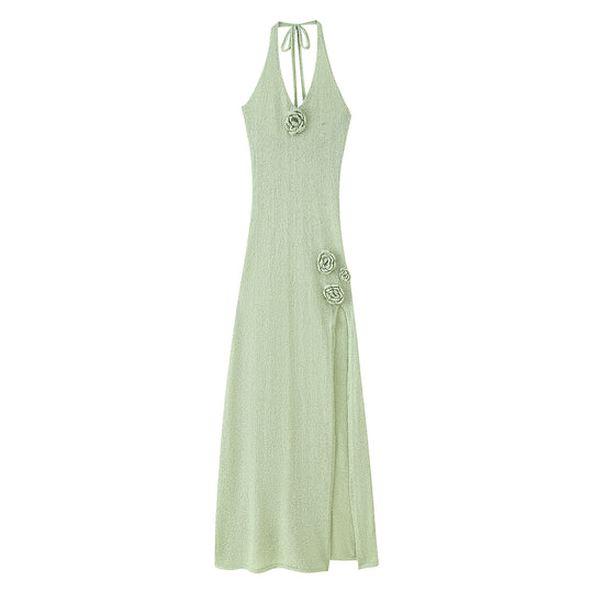 Damen Maxikleid mit Blumenapplikationen und tiefem V-Ausschnitt R&B