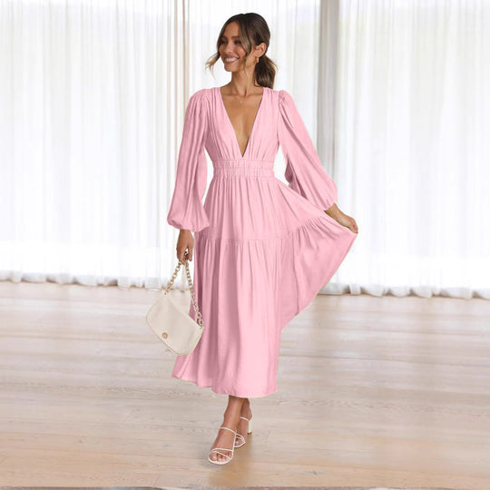 Damen Langarm Maxikleid mit tiefem V-Ausschnitt und weitem Rock R&B