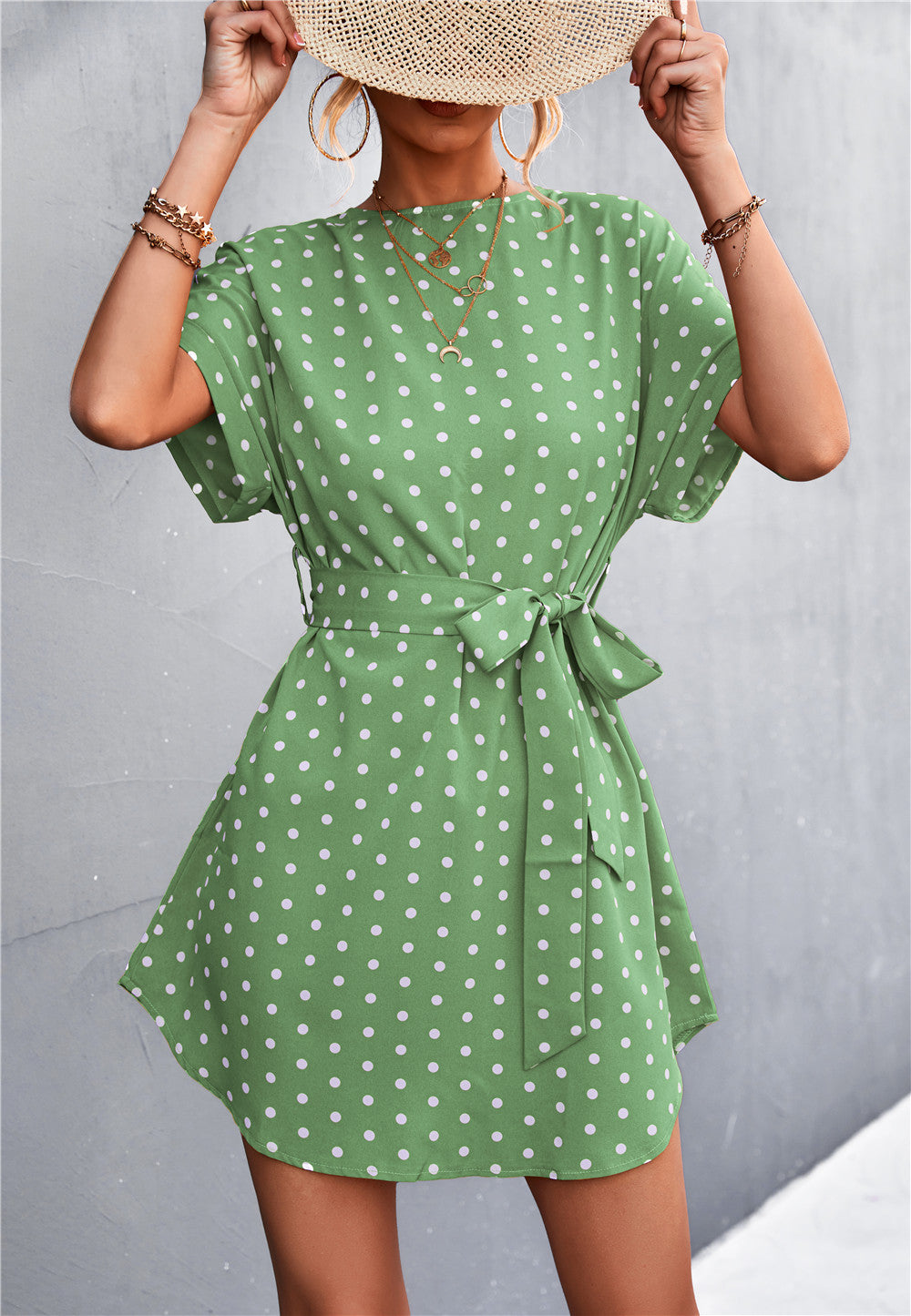 Damen Freizeitkleid mit modischem Punkte-Muster und Taillengürtel R&B