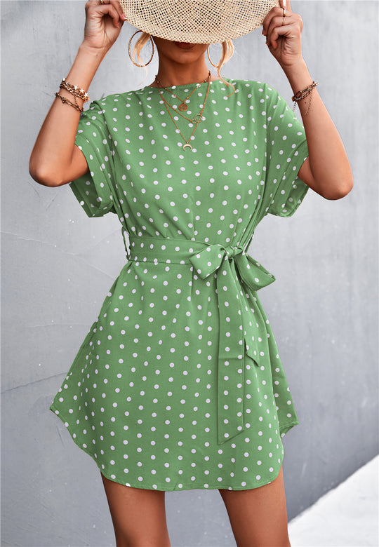 Damen Freizeitkleid mit modischem Punkte-Muster und Taillengürtel R&B