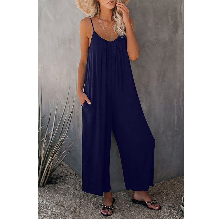 Damen Lässiger Sommer-Jumpsuit mit tiefem Ausschnitt und praktischen Taschen R&B