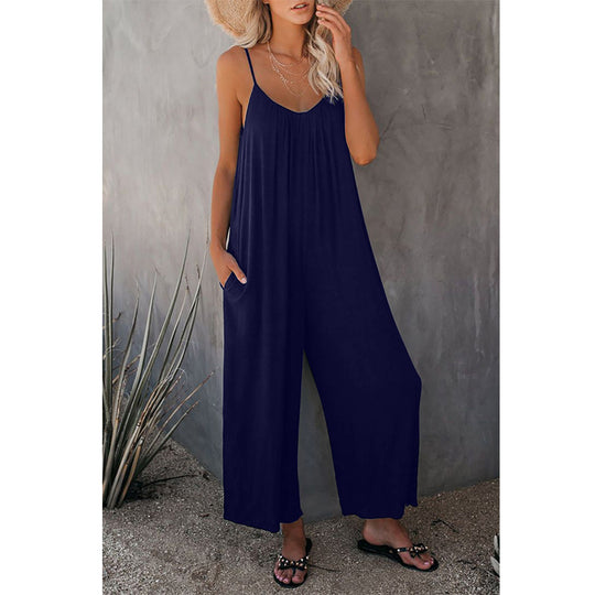Damen Lässiger Sommer-Jumpsuit mit tiefem Ausschnitt und praktischen Taschen R&B