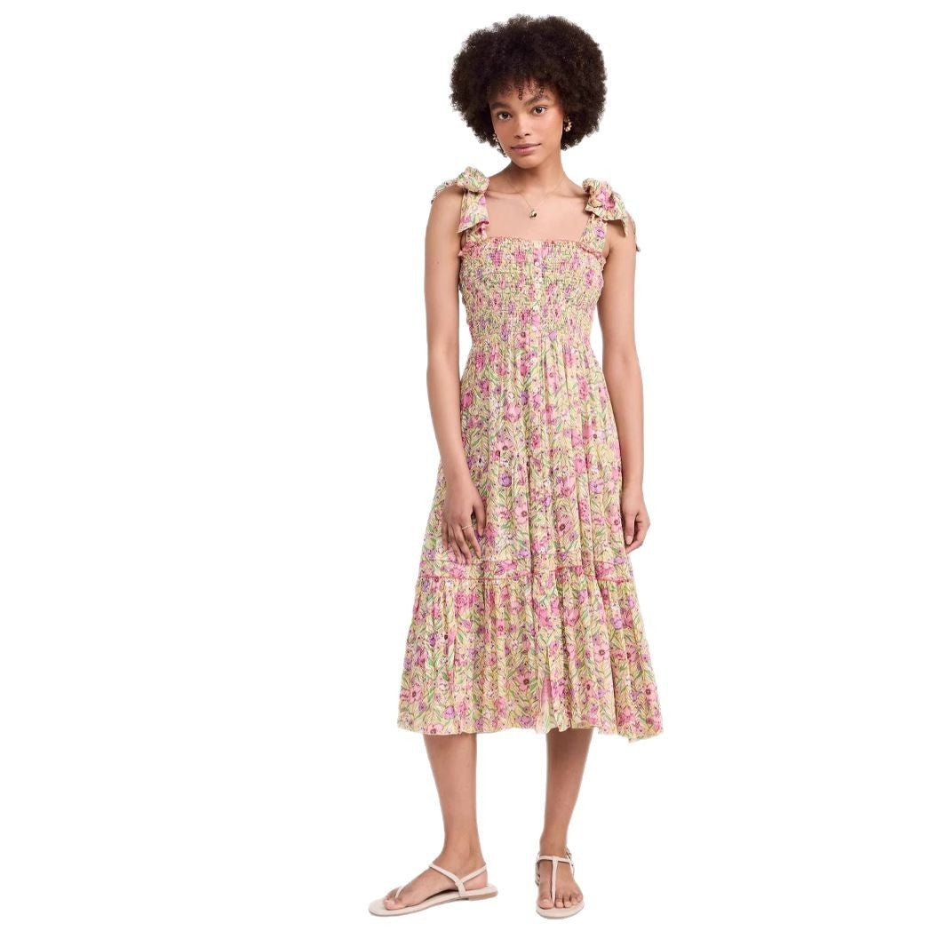 Damen Maxikleid mit floralem Rüschendesign und elastischem Oberteil R&B