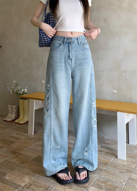 Damen Weite Jeans mit modischen Rissen und hohem Bund R&B