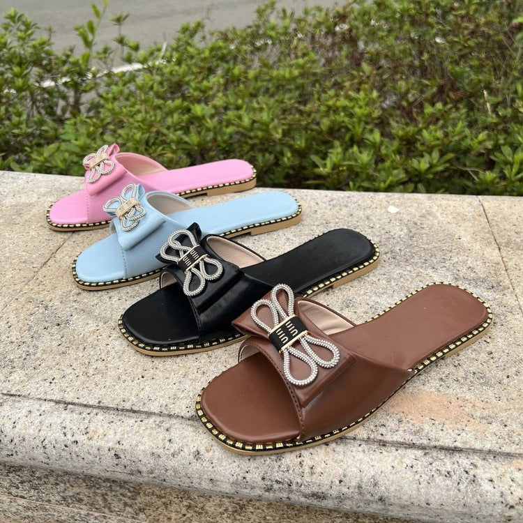 Damen elegante Riemchen-Pantoletten mit funkelnder Schleifen-Applikation R&B