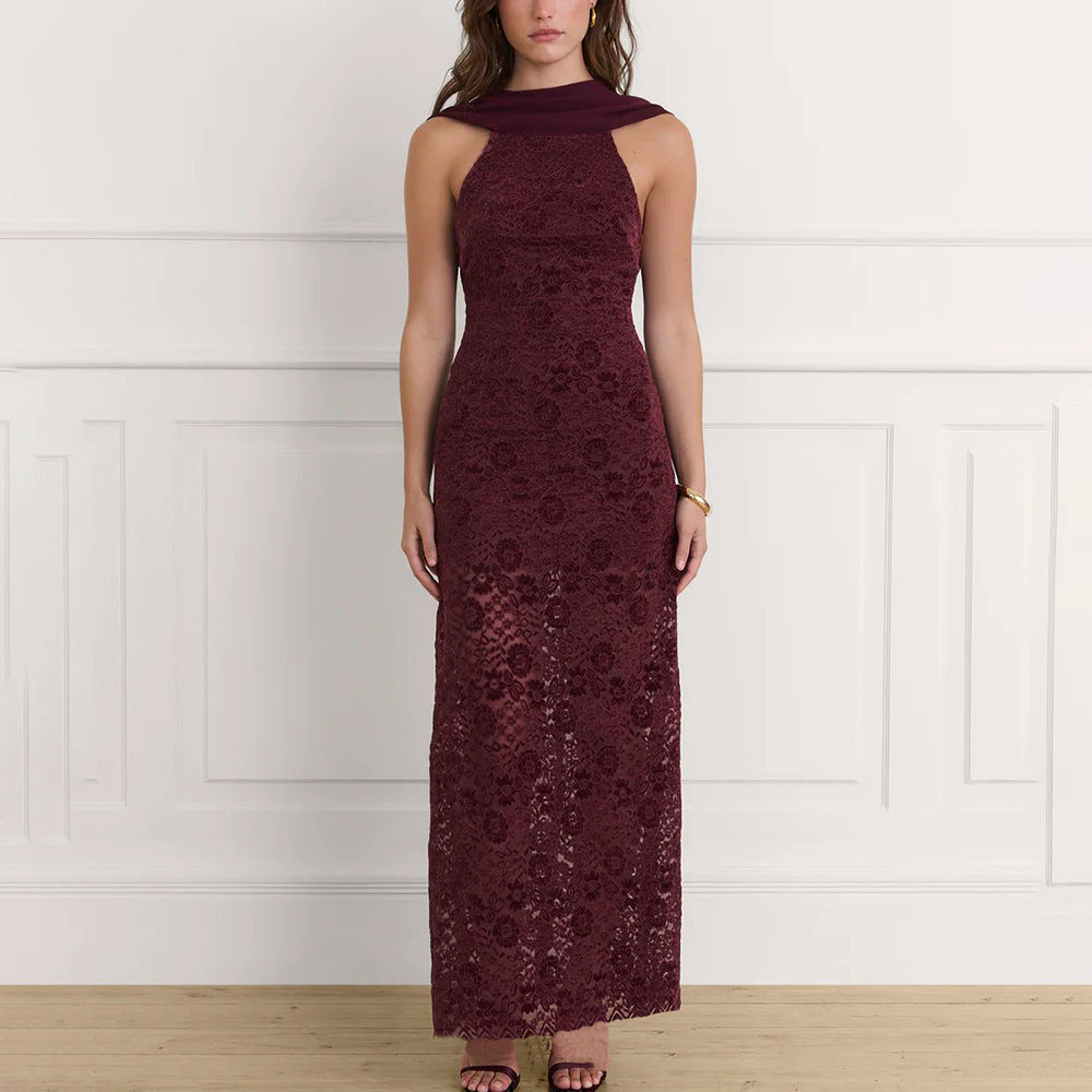 Damen Elegantes Maxikleid mit raffinierter Spitzenverzierung und schickem Halterneck R&B