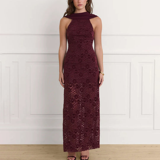 Damen Elegantes Maxikleid mit raffinierter Spitzenverzierung und schickem Halterneck R&B
