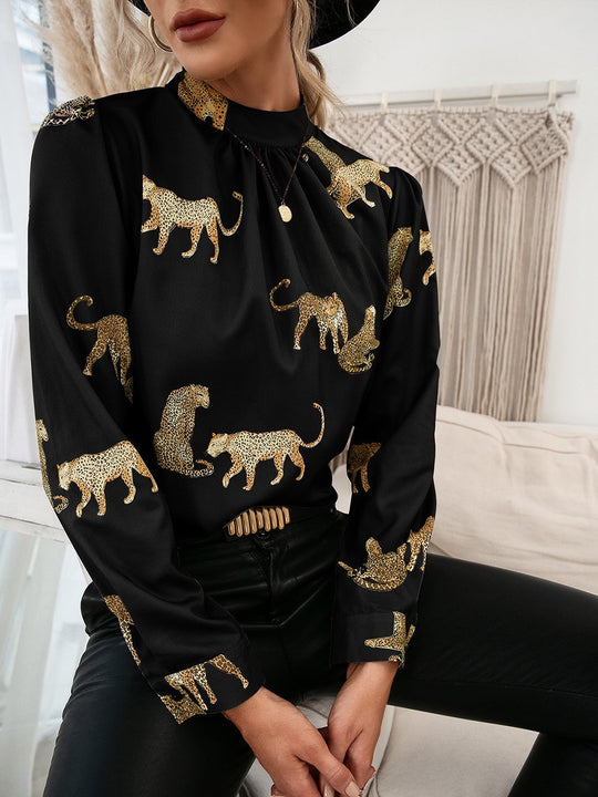 Damen Bluse mit glamourösem Tierdruck und eleganter Stehkragenform R&B