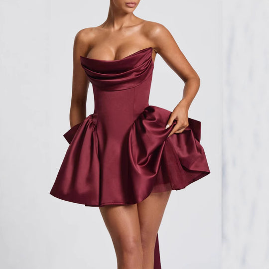 Damen Bandeau Cocktailkleid mit fließendem Rock und schwingendem Saum R&B