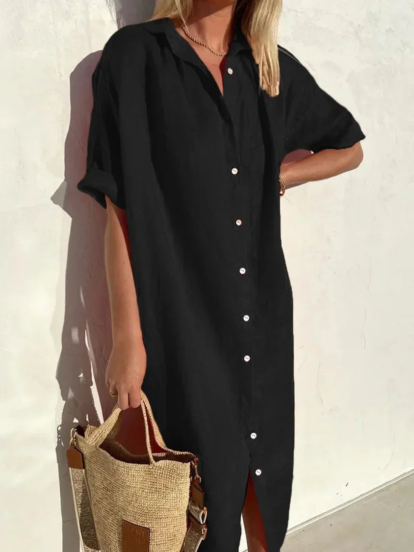 R&B | Knopfkleid mit weitem Ausschnitt und schmalen Ärmeln, elegant und locker, für Frauen – aus Baumwolle