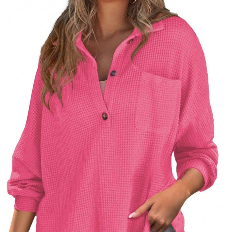 Damen lässiges Waffle-Shirt mit Stehkragen und Knopfleiste R&B