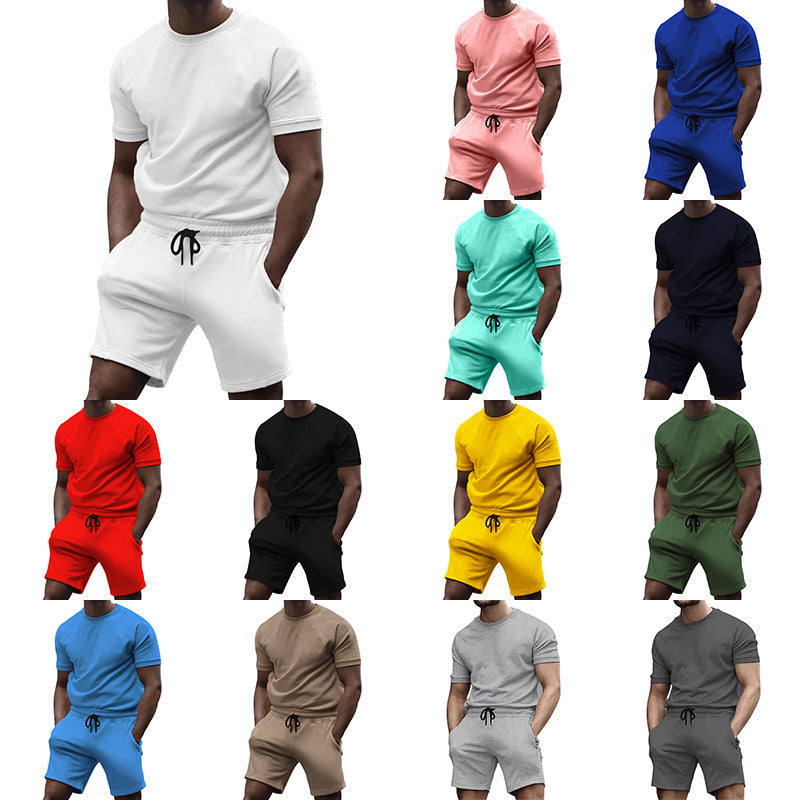 Herren nan kurzärmeliges Sweat-Set aus weichem Sweatstoff mit Rundhalsshirt und Kordelzug-Shorts R&B
