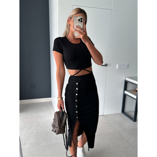 Frauen Ripp-Crop-Top und geknöpfter Midi-Rock Set R&B