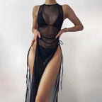 Damen Langer Wickel-Strandkleid mit seitlichem Bindegürtel R&B