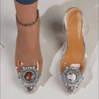 Damen elegante transparente Mules mit glitzerndem Schmuck-Riemen R&B