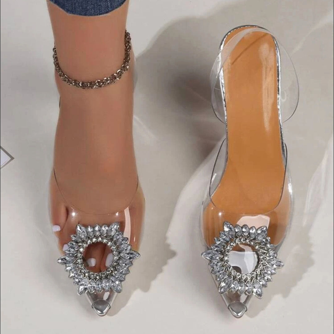 Damen elegante transparente Mules mit glitzerndem Schmuck-Riemen R&B