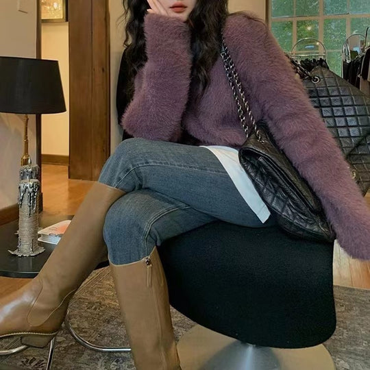Damen Flauschiger Pullover mit lässigem Schnitt und hohem Rundhalsausschnitt R&B