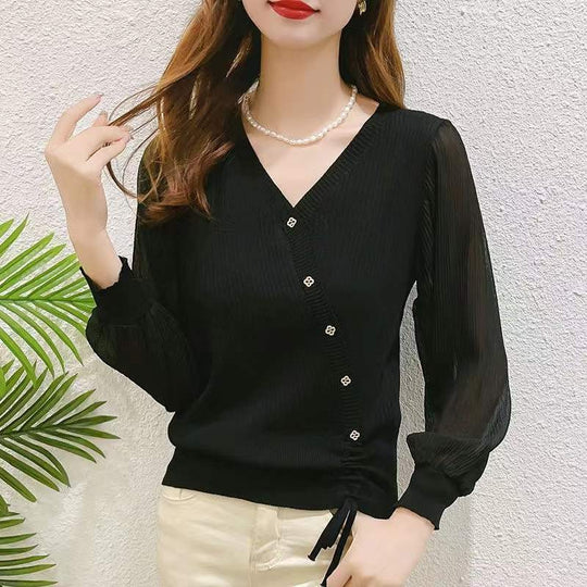 Damen eleganter Strickpullover mit Knopfdetails und transparenten Ärmeln R&B