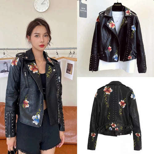 Damen kunstleder Bikerjacke mit floralem Stickdesign und Nietenverzierungen R&B